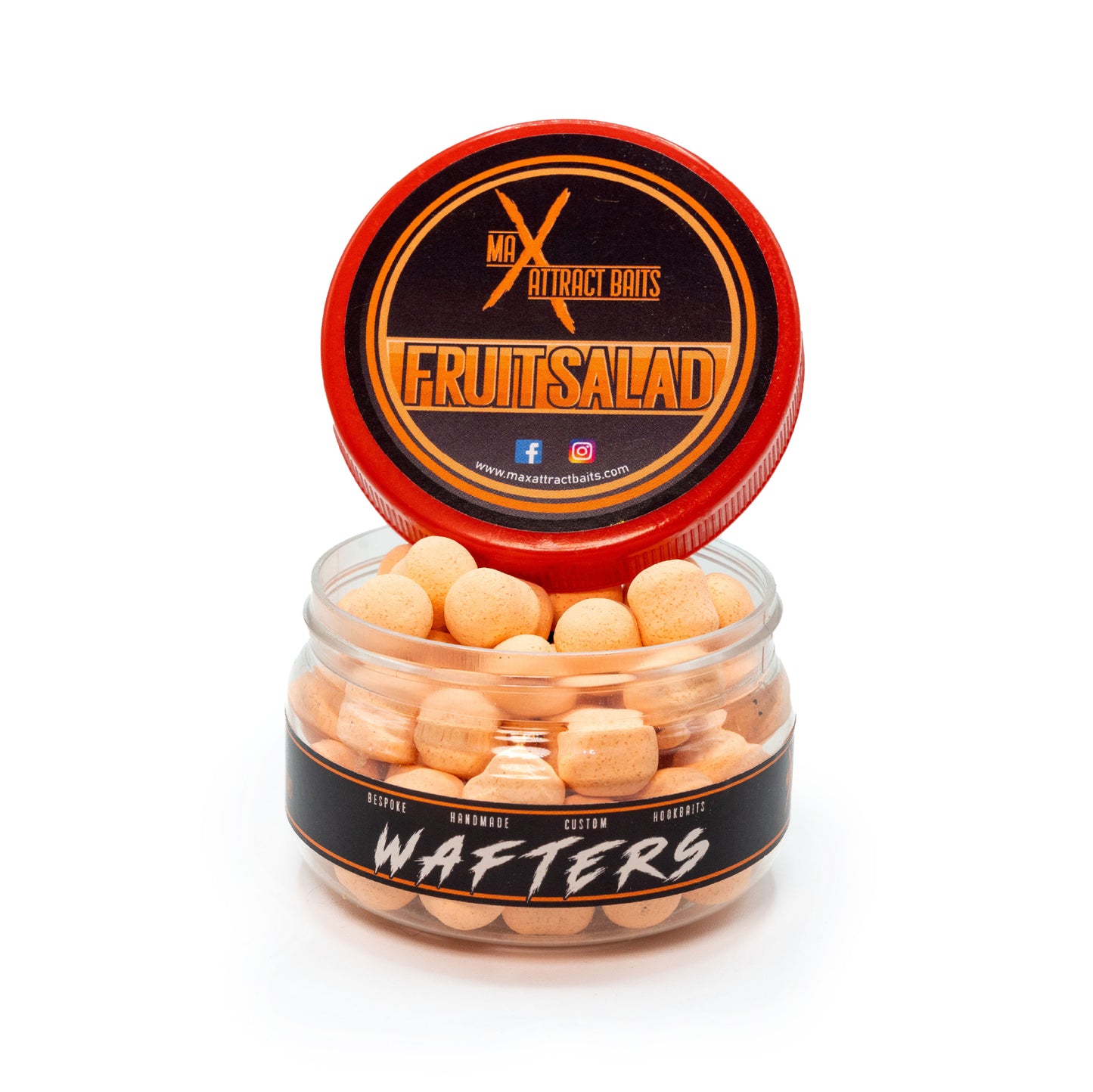 Pot of max attract baits fruit salad wafters set in white back ground