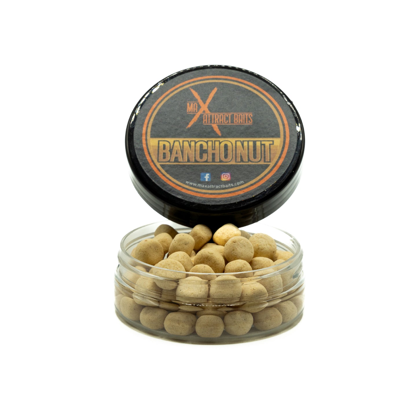 Pot of max attract baits Bancho Nut corn toppers set in white back ground