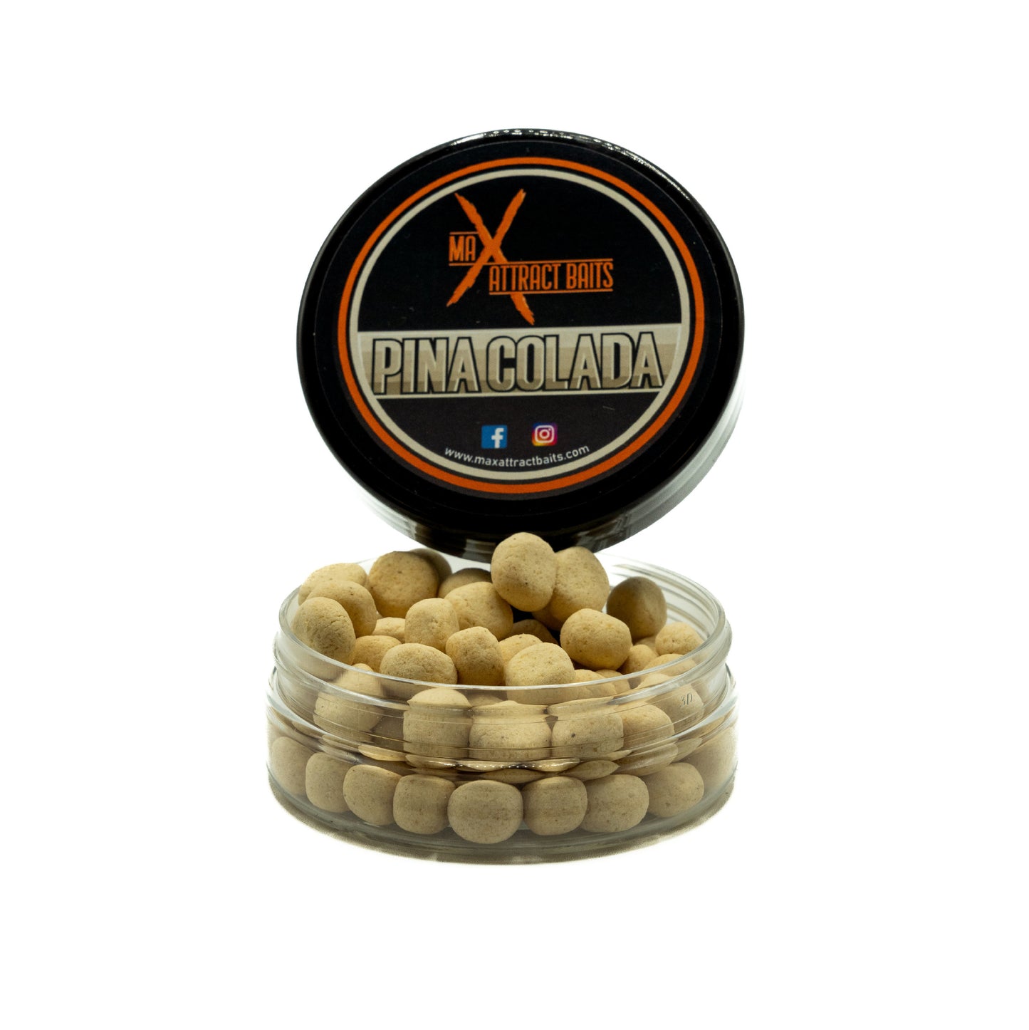Pot of max attract baits Pinacolada corn toppers set in white back ground