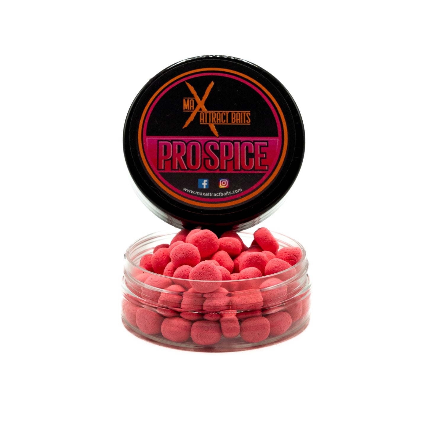 Pot of max attract baits Pro Spice corn toppers set in white back ground