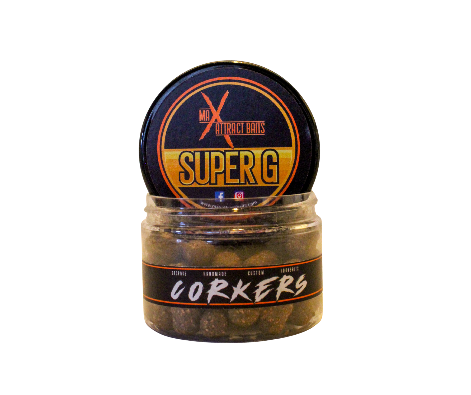 pot of max attract baits super g corkers set in white back ground