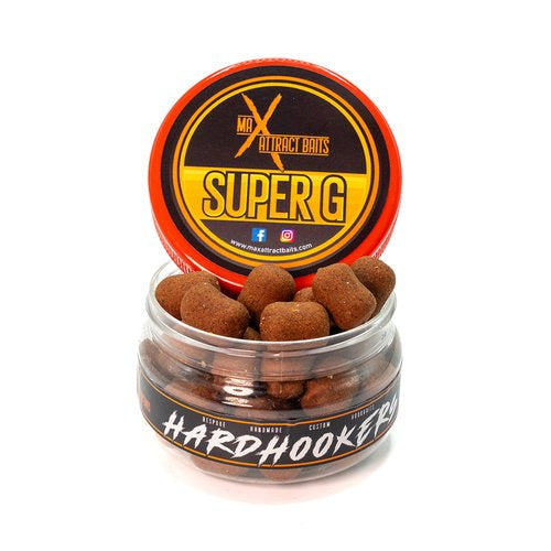 Pot of max attract baits super g hard hookers set in white back ground