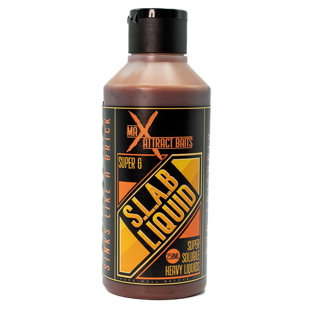 Bottle of max attract baits super g slab liquid set in white background