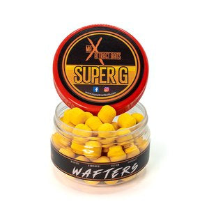 Pot of max attract baits super g yellow wafters set in white back ground