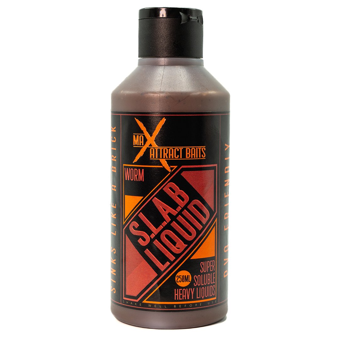 Bottle of max attract baits worm slab liquid set in white background