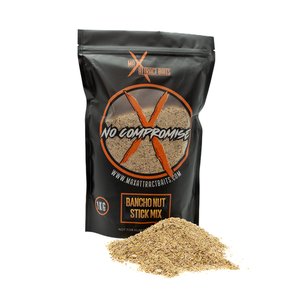 1kg bag of max attract baits Bancho Nut stick mix set in white background with pile of brown stick mix in front of bag