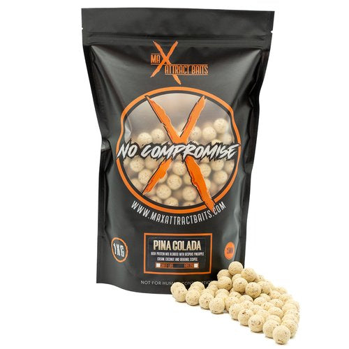 1kg bag of max attract baits Pinacolada boilies on a white background, with a small pile of white boilies in front of the packaging