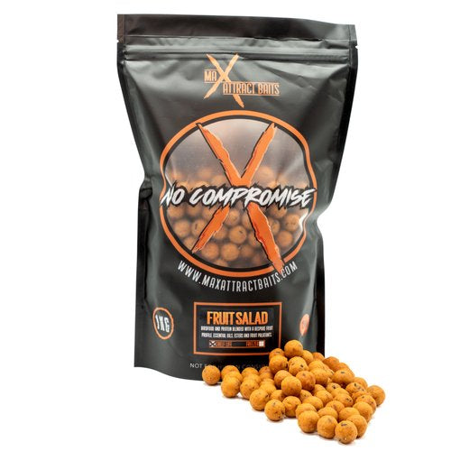 1kg bag of fruit salad boilies set in a white back ground with a pile of orange boilie in front of the bag