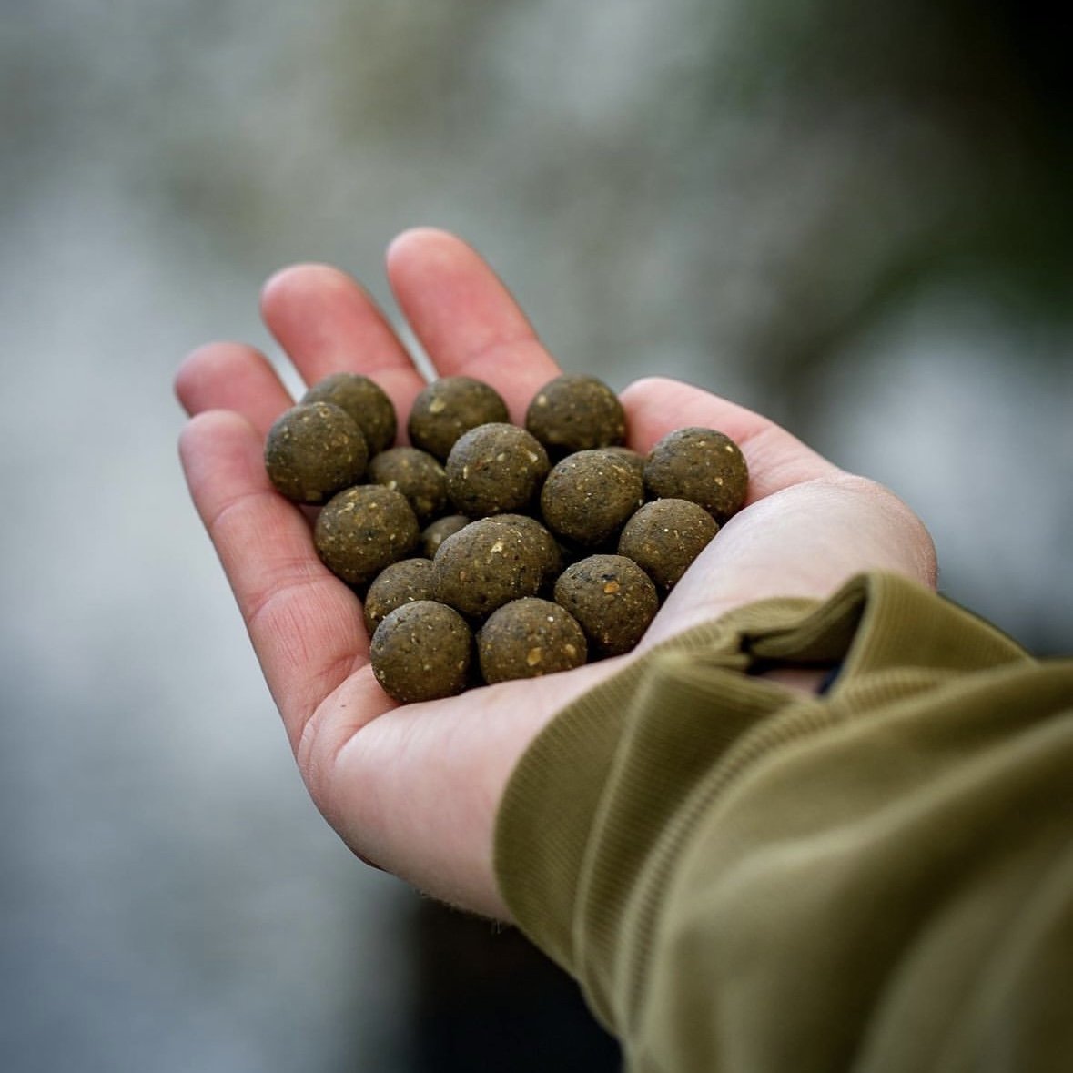 a hand holding a hand full of brown max attract baits super g boilies