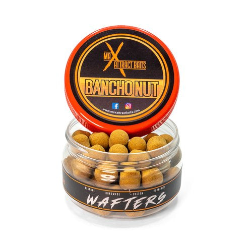 Pot of max attract baits bancho nut brown wafters set in white back ground