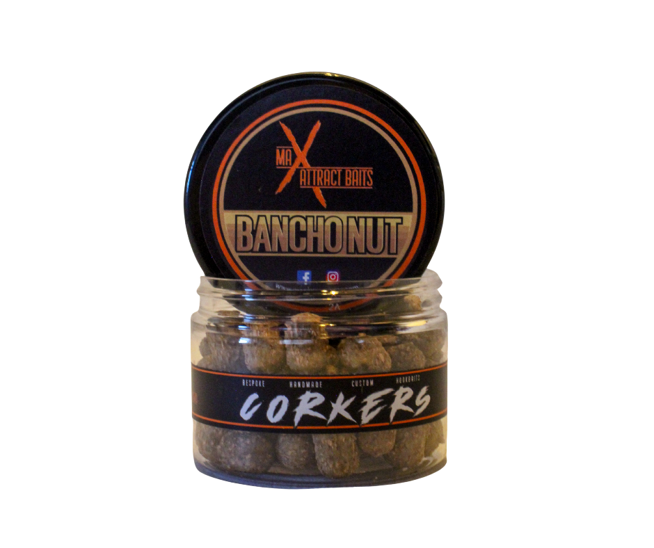 pot of max attract baits bancho nut corkers set in white back ground