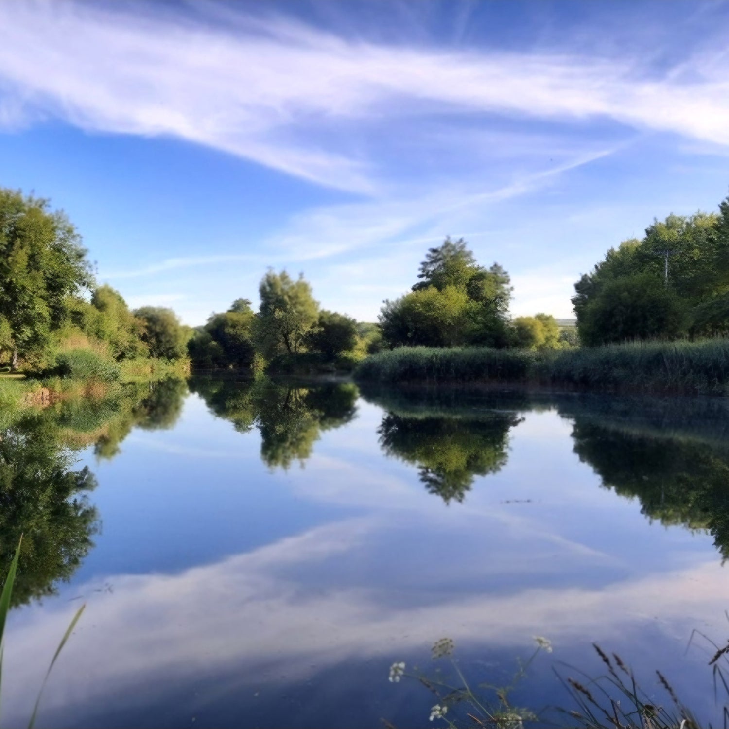 picturesque blue skies overlooking a tree lined lake
