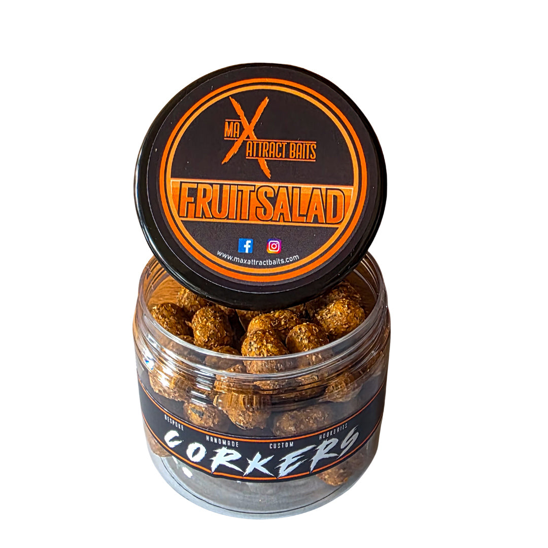 pot of max attract baits fruit salad corkers set in white back ground
