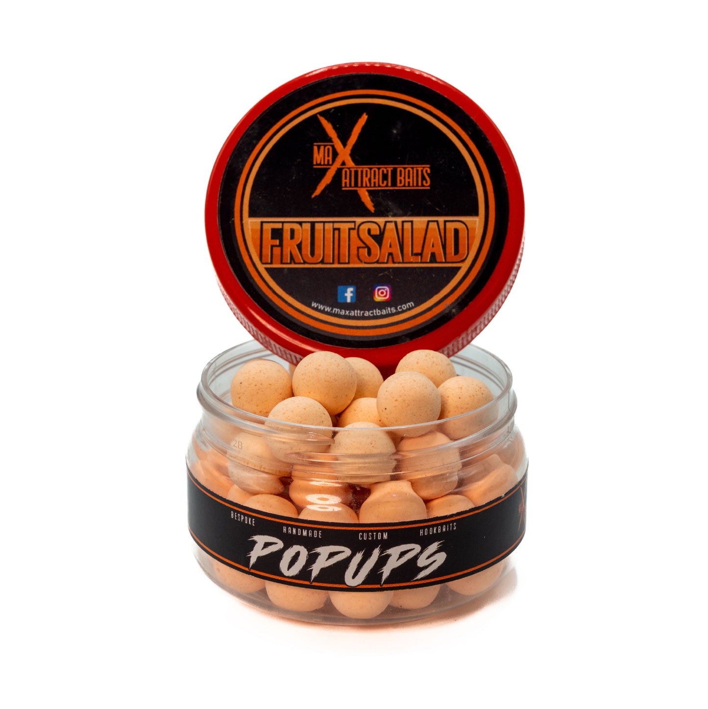 pot of max attract baits fruit salad peach popups set in white back ground