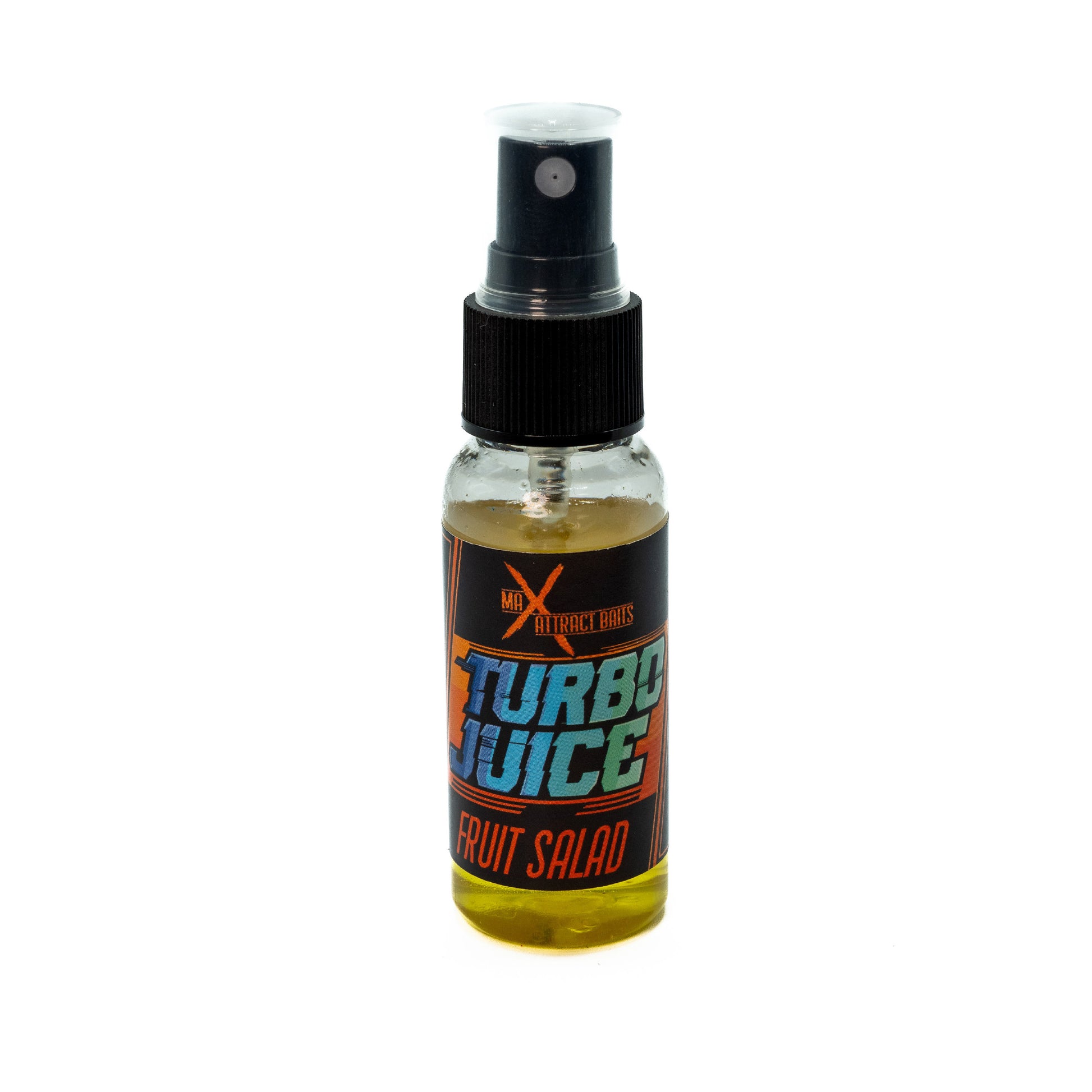 Bottle of max attract baits fruit salad turbo juice set in white background