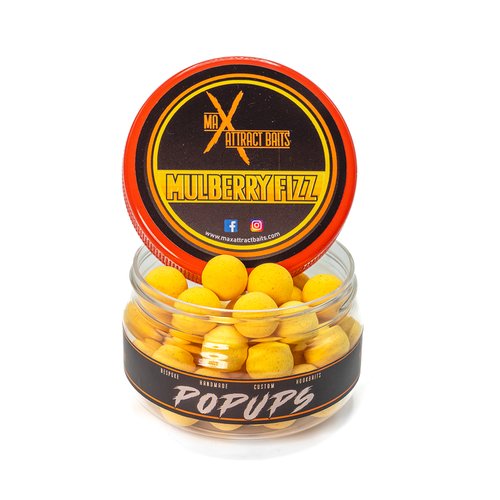 Pot of max attract baits Mulberry Fizz 15mm popups set in white back ground