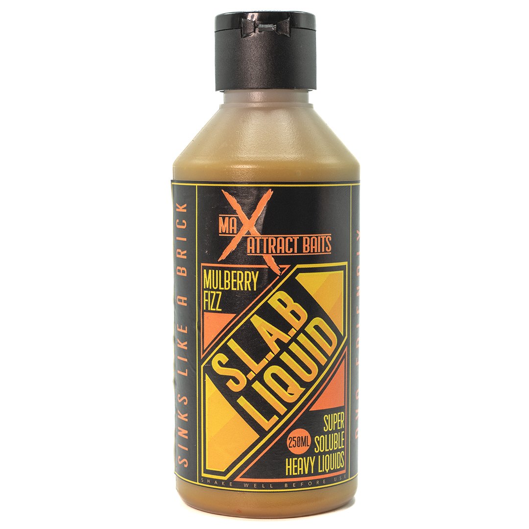 Bottle of max attract baits mulberry fizz slab liquid set in white background