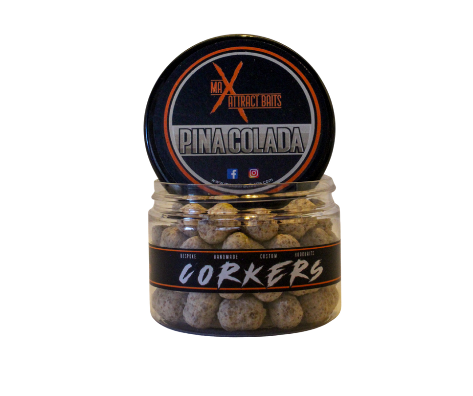 pot of max attract baits pinacolada corkers set in white back ground