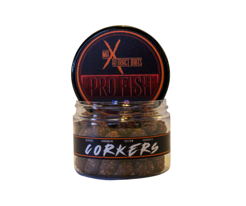 pot of max attract baits pro fish corkers set in white back ground