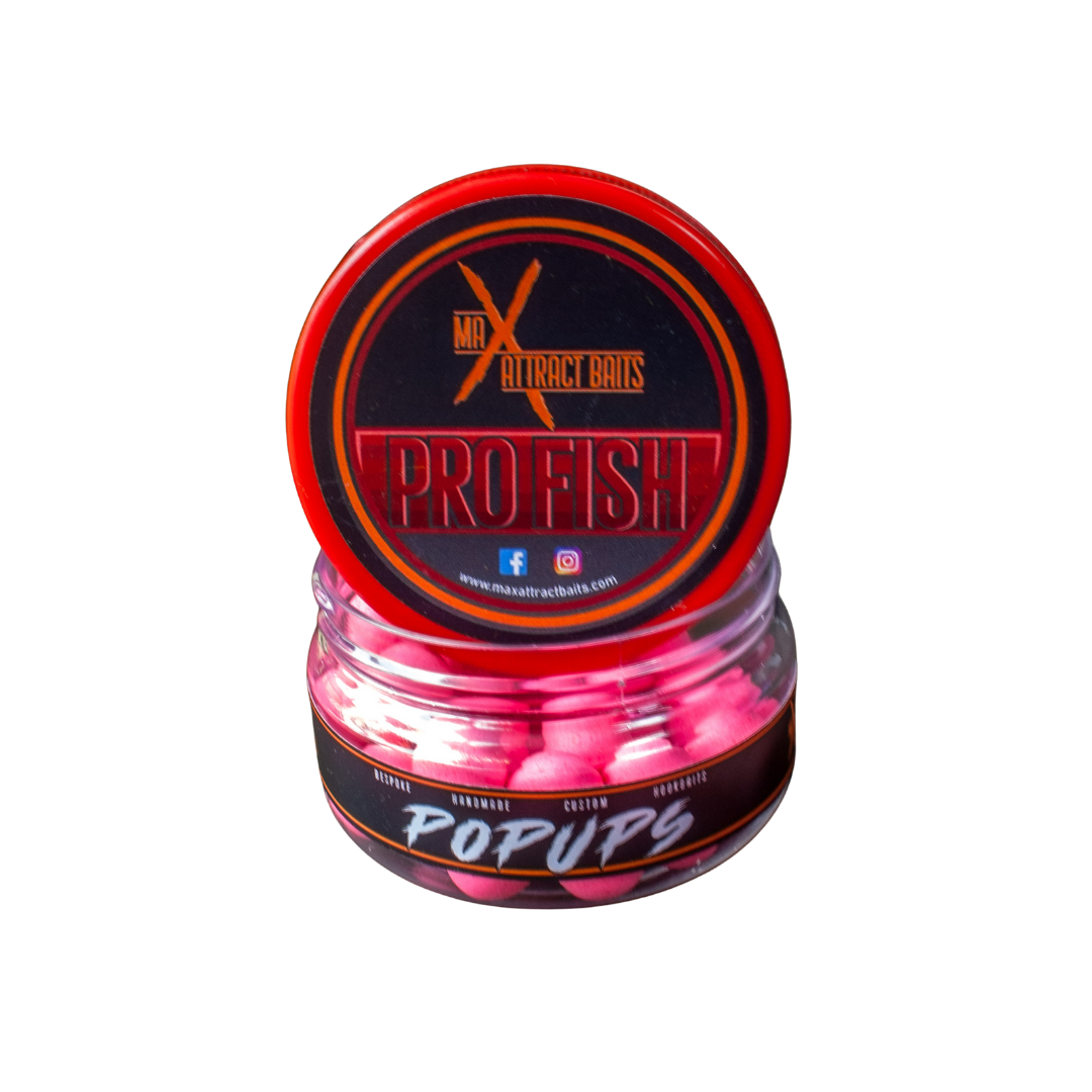 Pot of max attract baits Pro Fish pink popups set in white back ground