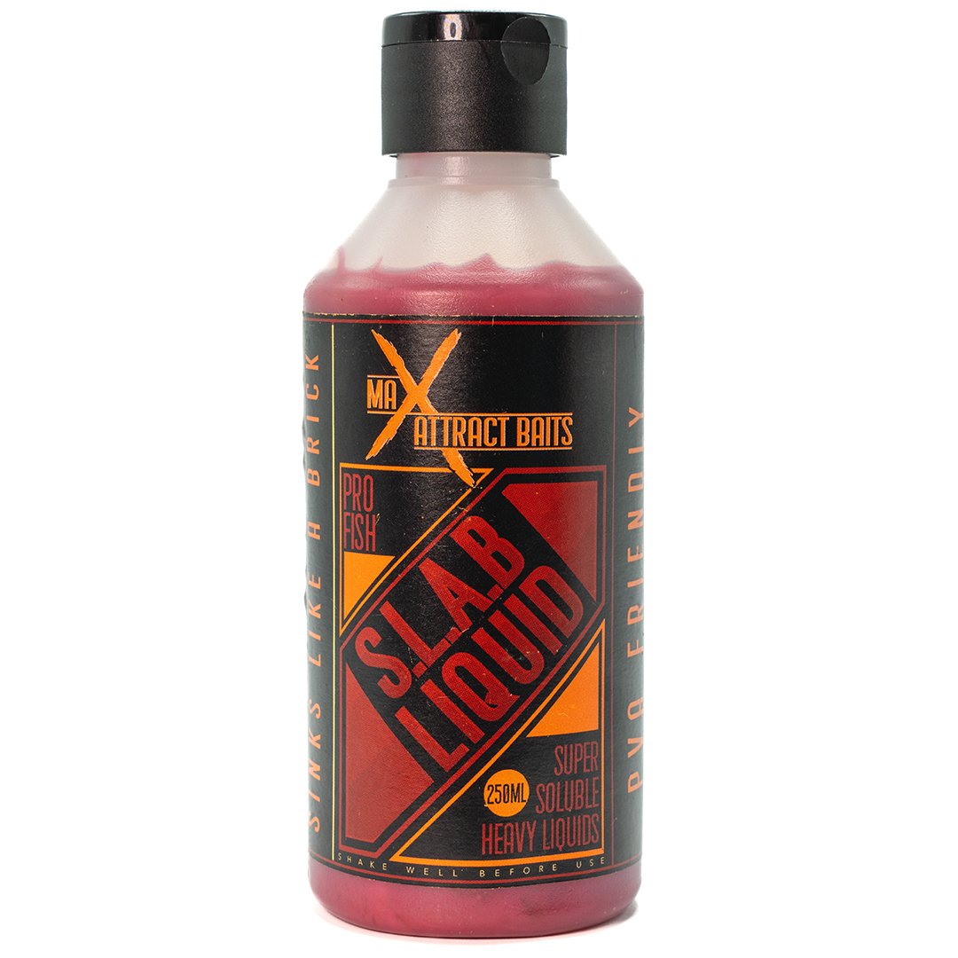 Bottle of max attract baits pro fish slab liquid set in white background