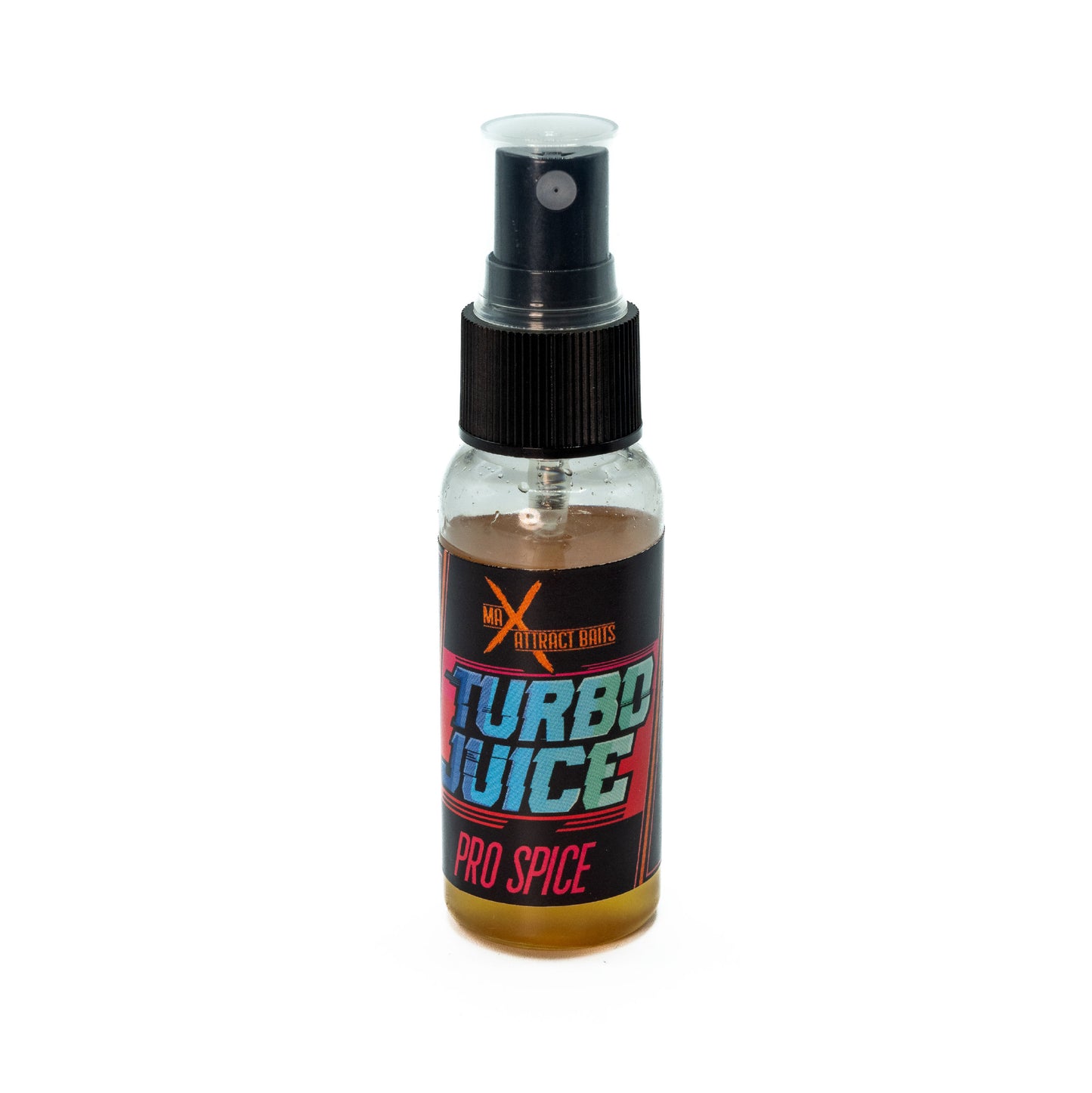 Bottle of max attract baits pro spice turbo juice set in white background