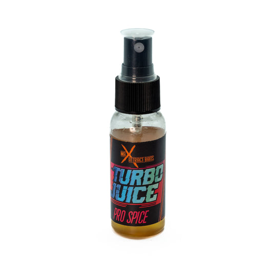 Bottle of max attract baits pro spice turbo juice set in white background