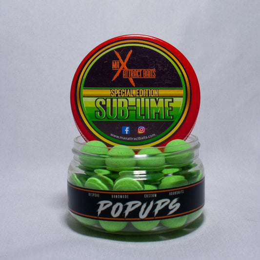 Pot of max attract baits Sub Lime green popups set in white back ground