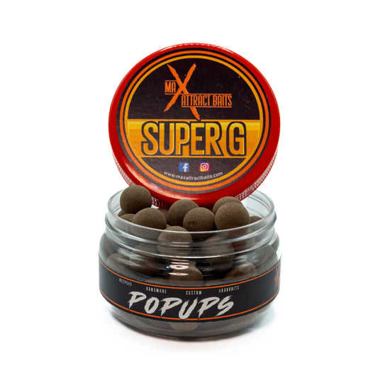 Pot of max attract baits super g brown popups set in white back ground
