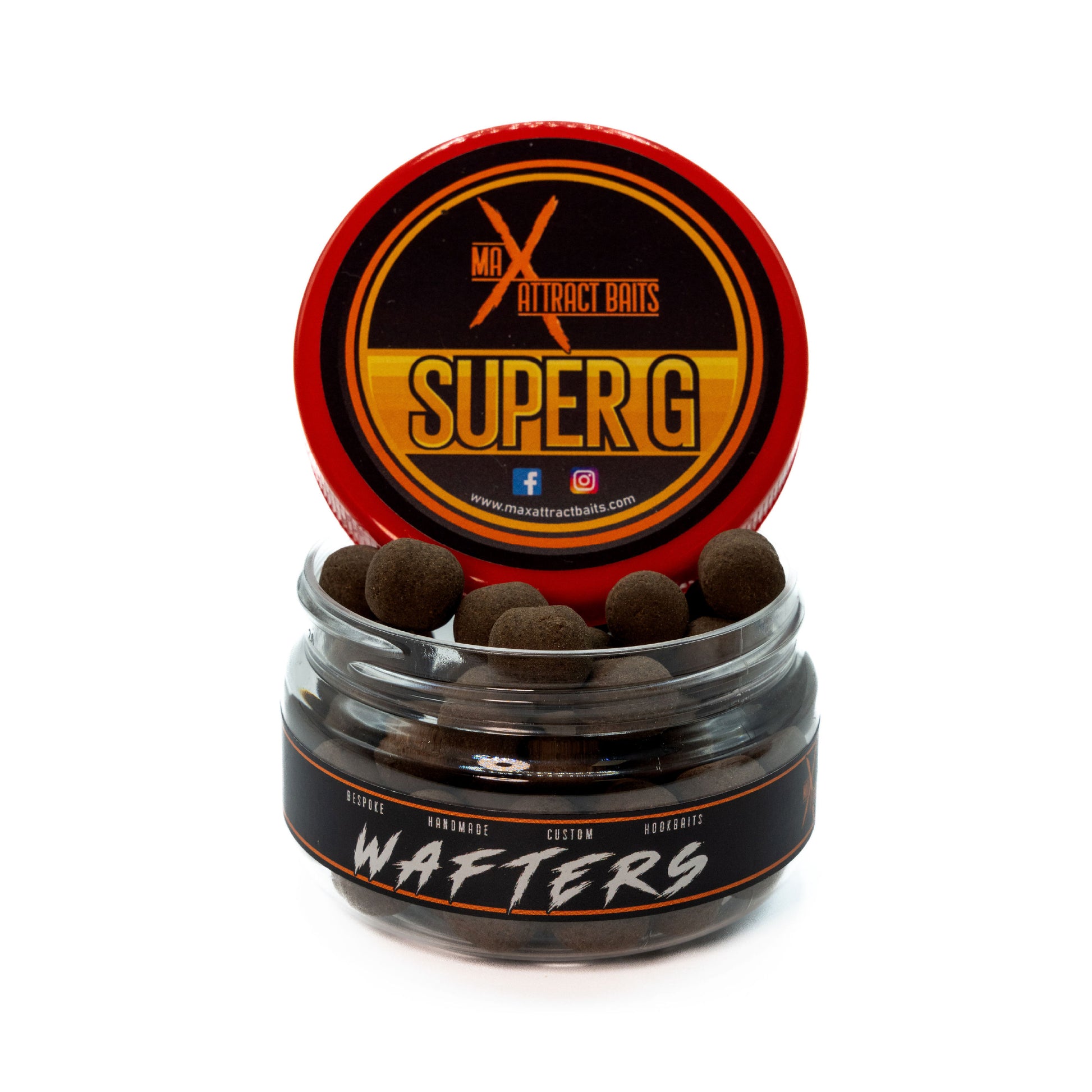 Pot of max attract baits super g brown wafters set in white back ground