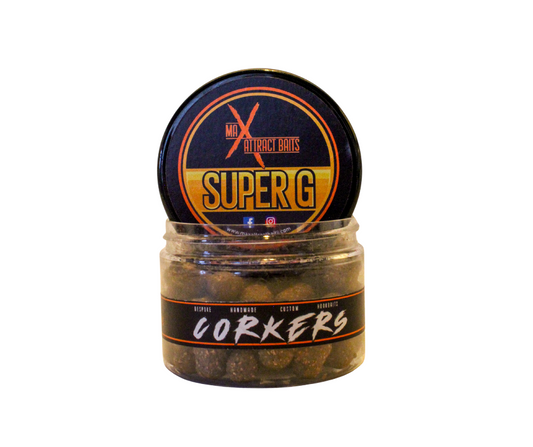 pot of max attract baits super g corkers set in white back ground