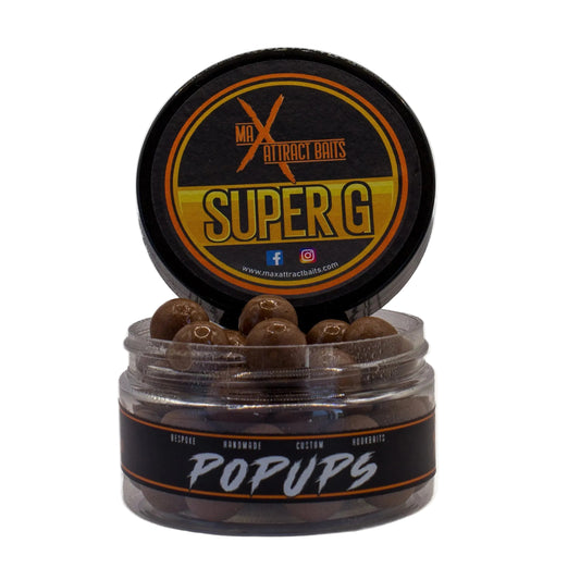 Super G Pop-Ups carp pop-up hookbaits in Max Attract Baits packaging
