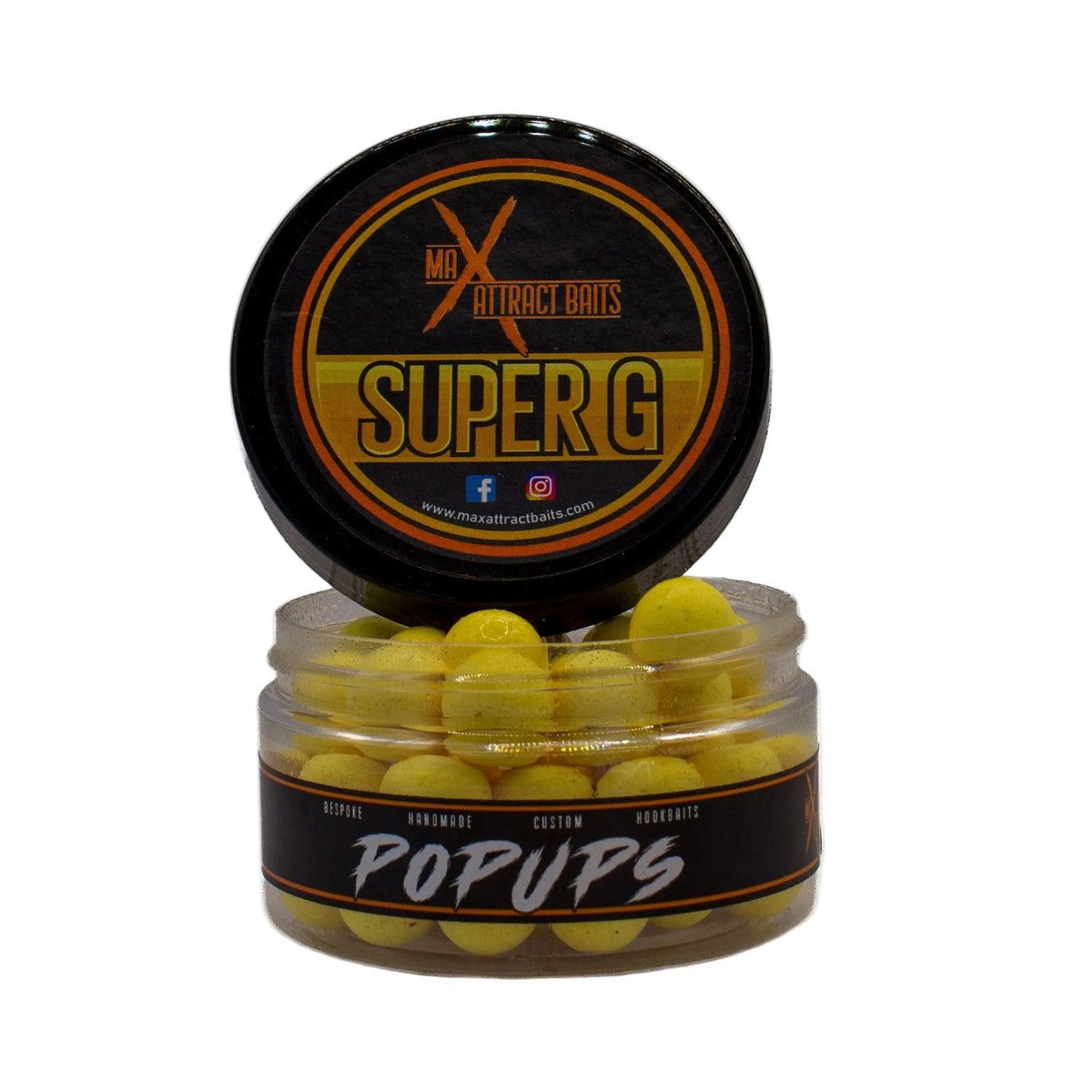 Super G Yellow Pop-Ups carp pop-up hookbaits in Max Attract Baits packaging