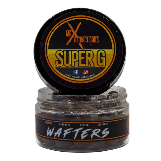 Super G Wafters balanced carp wafter hookbaits in Max Attract Baits packaging