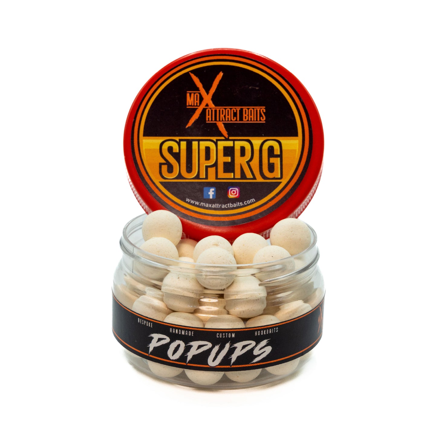 Pot of max attract baits super g white popups set in white back ground