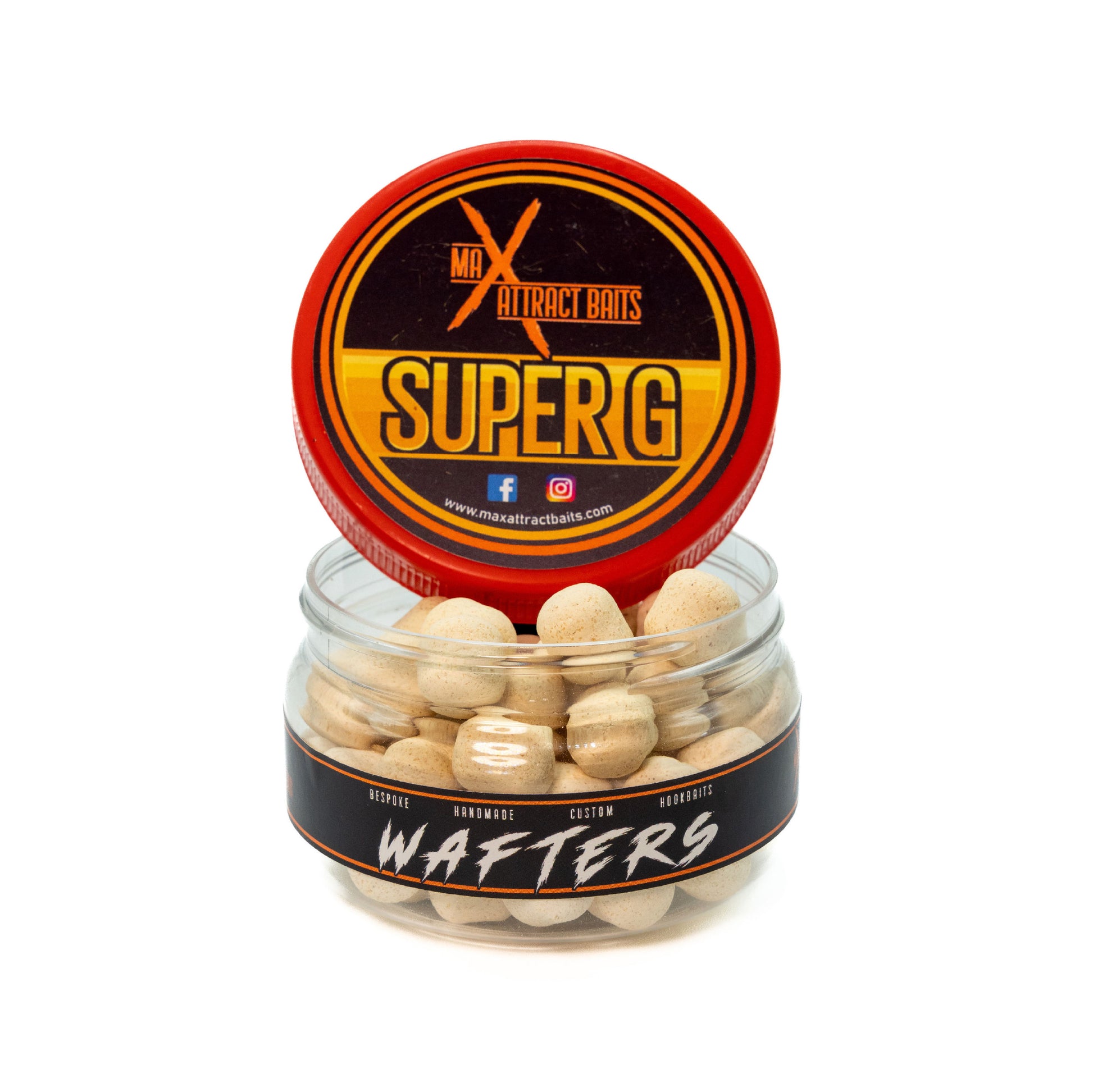 pot of max attract baits super g white wafters set in white back ground