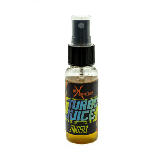 Bottle of max attract baits zingers turbo juice set in white background