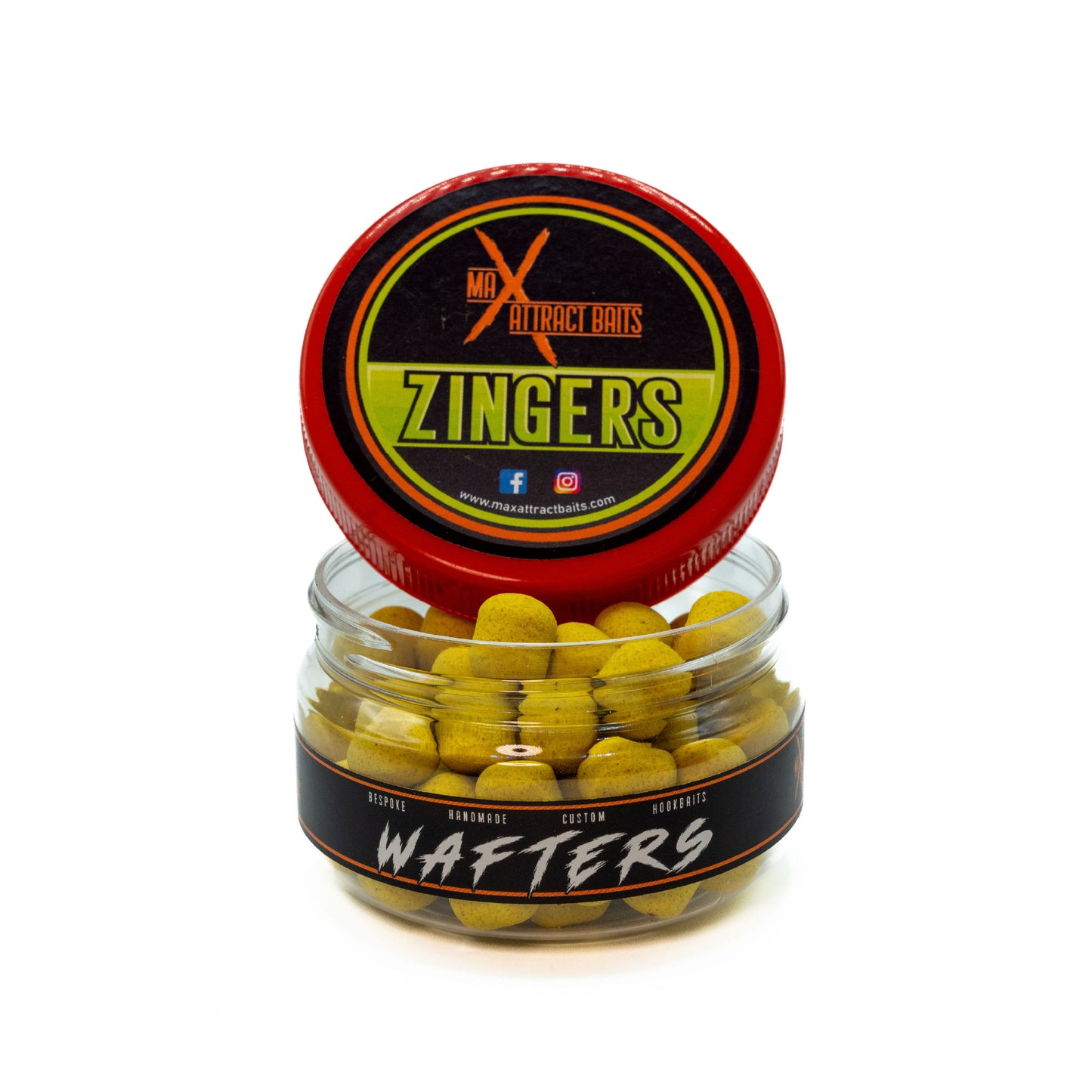 Pot of max attract baits zingers wafters set in white back ground
