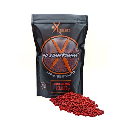 1kg bag of max attract baits active calanus carp pellets set in white background with pile of red pellet in front of the bag