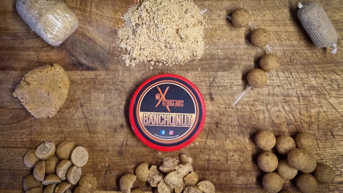 Bancho nut boilies with crumbed, whole, chopped boilies, with paste and pva mesh and bags in max attract baits packaging