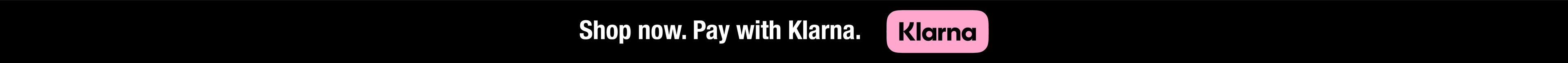banner with black background with white bold text saying shop now.pay with klarna with the klarna pink and black logo
