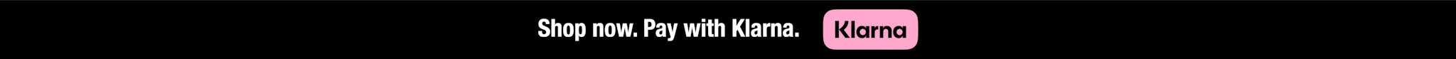 banner with black background with white bold text saying shop now.pay with klarna with the klarna pink and black logo