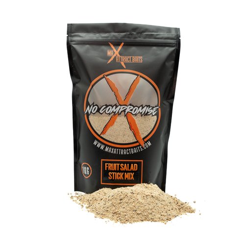 1kg bag of max attract baits Fruit Salad stick mix set in white background with pile of beige stick mix in front of bag