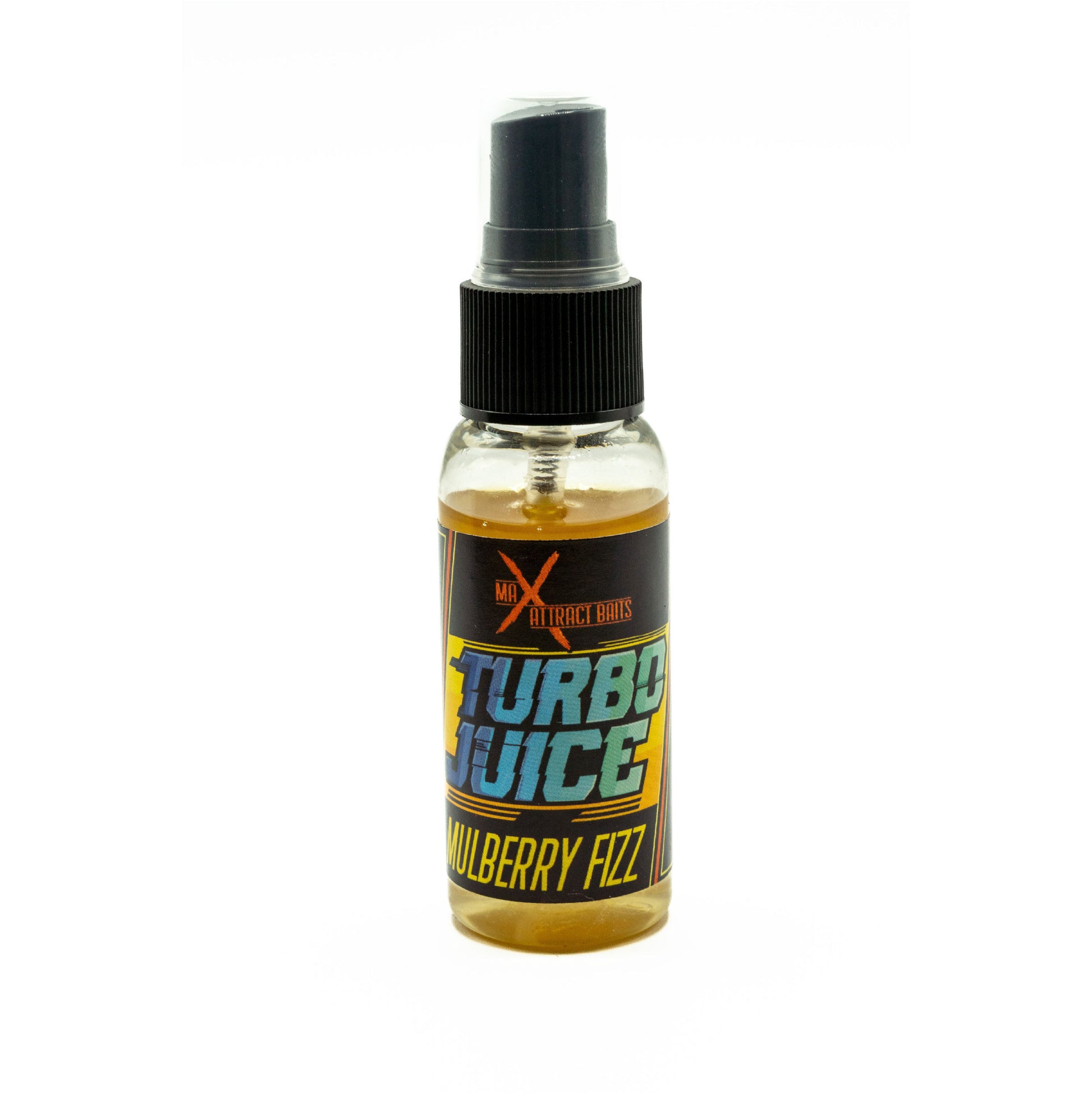 Bottle of max attract baits mulberry fizz turbo juice set in white background