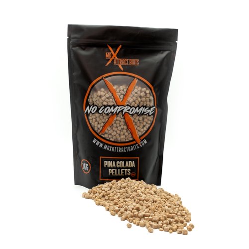 1kg bag of max attract baits Pinacolada pellets set in white back ground with a pile of brown pellets in front of bag
