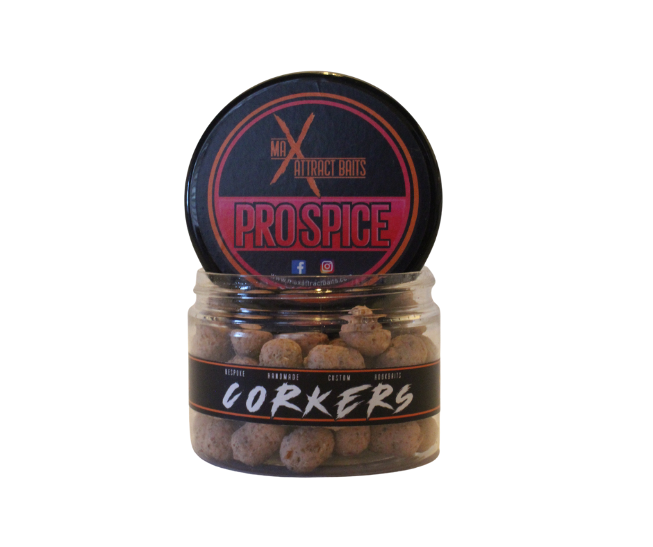 pot of max attract baits pro spice corkers set in white back ground