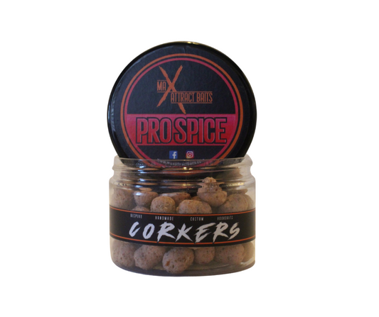 pot of max attract baits pro spice corkers set in white back ground