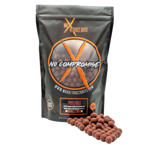 1kg bag of max attract baits Pro Fish boilies on a white background, with a small pile of burgandy boilies in front of the packaging