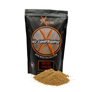 1kg bag of max attract baits Pro Fish stick mix set in white background with pile of brown stick mix in front of bag