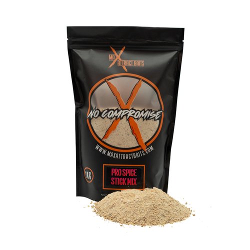 1kg bag of max attract baits Pro Spice stick mix set in white background with pile of beige stick mix in front of bag